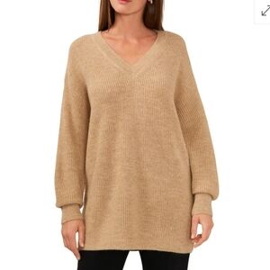 Halogen NWT Women's V-neck Tunic Sweater Extra Long Tan With Gold Shimmer Sz 1